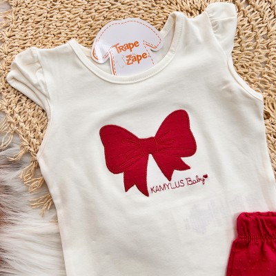 Conj. Blusa Laço e Short Ana Bola - Off White e Vermelho
